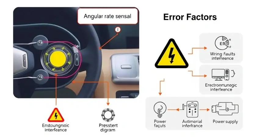 A high-quality technical illustration showing a vehicle's angular rate sensor with a warning sign indicating loss of signal, surrounded by schematic diagrams of error factors like wiring faults, electromagnetic interference, and power supply issues, all rendered in a clean technical style with labeled components and circuit diagrams