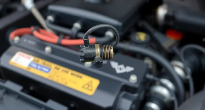 A close-up, detailed image of a car's accelerator pedal position sensor. The sensor should be clearly visible, showing its wiring and connection points. The background should be a slightly blurred view of the engine bay, suggesting a car environment. Focus on the sensor's physical components and wiring.