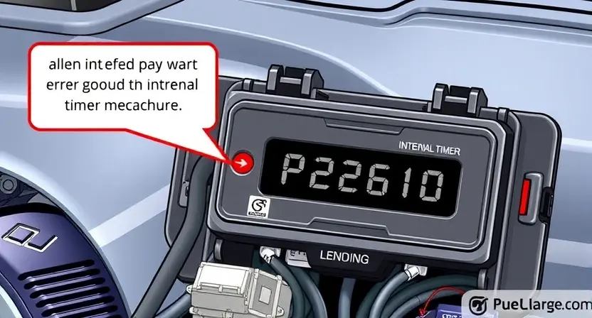 A detailed illustration of an automotive engine control unit (ECU) with a visual representation of an internal timer malfunction. The ECU should be depicted with visible internal components and circuitry. A red error indicator light should be illuminated, and a digital display on the ECU should show the error code P2610. The background should be a clean, technical environment.