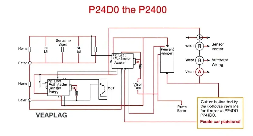 A detailed schematic diagram illustrating the P24D0 error code in a vehicle's engine control unit (ECU). The diagram should show the relevant sensors, actuators, and wiring related to the error. Include visual cues indicating a potential malfunction.