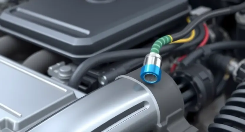 A close-up, detailed illustration of a car's intake manifold with a prominent air temperature sensor. Wires are clearly visible connecting the sensor to the engine control unit (ECU). The background should subtly suggest an engine bay environment, but the focus is on the sensor and wiring.