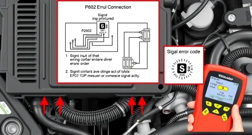 A detailed illustration of an automotive engine control unit (ECU) with wiring diagrams highlighting the signal input and output connections related to the P2602 error code. Focus on the wiring harness and diagnostic tools used for troubleshooting.