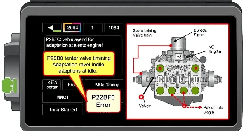 A detailed illustration of an engine control unit (ECU) displaying a P2BF0 error code related to variable valve timing adaptation at idle. The image should show the ECU screen with the error code highlighted, along with a schematic representation of the engine's valve train and the ECU's control signals. Include visual cues indicating the adaptation process and potential causes of the error.