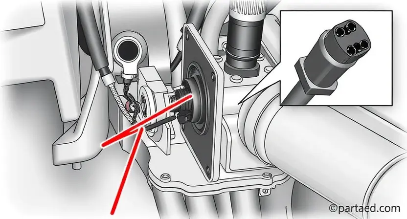A detailed illustration of a car's throttle position sensor and its wiring, highlighting potential mechanical issues like a loose connection, damaged cable, or a faulty sensor itself. Focus on the sensor's physical components and the surrounding wiring harness.