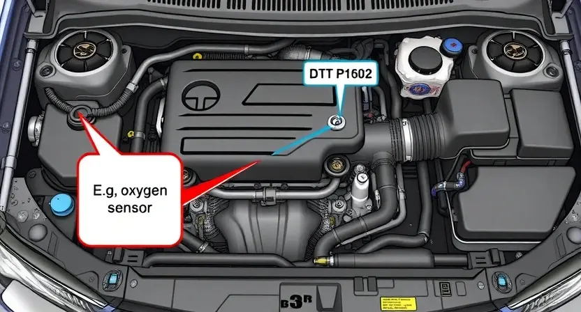 A detailed illustration of a VAZ/Lada car engine bay, highlighting the diagnostic trouble code (DTC) P1602. Include visual cues representing the affected component (e.g., oxygen sensor) and its potential impact on engine performance. Focus on clarity and technical accuracy.