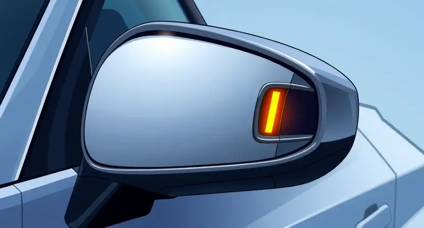 A detailed illustration of a car's right-side mirror, highlighting the B2311 indicator light. The indicator light should be illuminated, showing its function. The mirror should be realistically rendered, with reflections of the surrounding environment. Focus on the indicator light's appearance and its placement within the mirror's design.