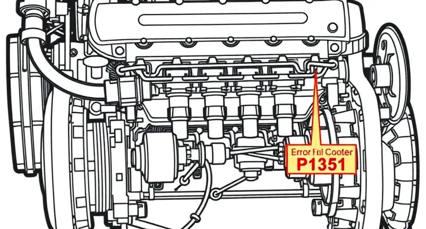 A detailed technical illustration of a diesel engine from a Peugeot or Citroën vehicle showing the fuel injection system with highlighted components related to error code P1351, clean lines, technical diagram style, high quality, 832x448 resolution, no text or numbers on image