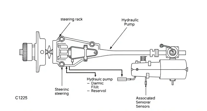 A detailed diagram of a power steering system, highlighting the components related to the C1225 error code. Show the steering rack, hydraulic pump, reservoir, and associated sensors. Use clear arrows to indicate the flow of fluid and electrical signals. The diagram should be clean and easy to understand, suitable for a technical manual.