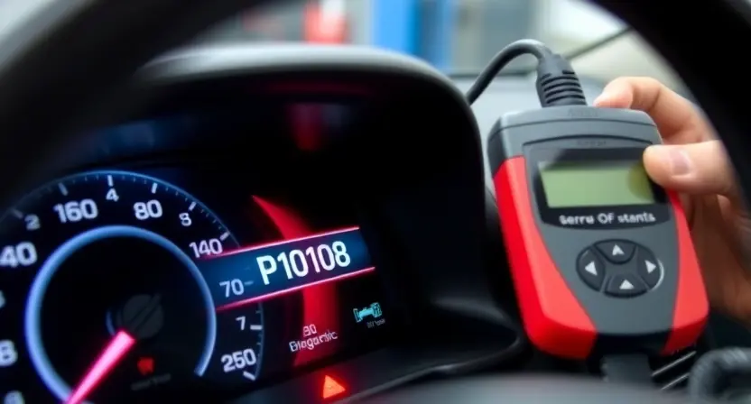 A close-up shot of a car's dashboard displaying a diagnostic screen with "P0108" error code highlighted. The background should show a mechanic's hands using an OBD-II scanner connected to the car's port. Focus on the error code and the scanner interface.