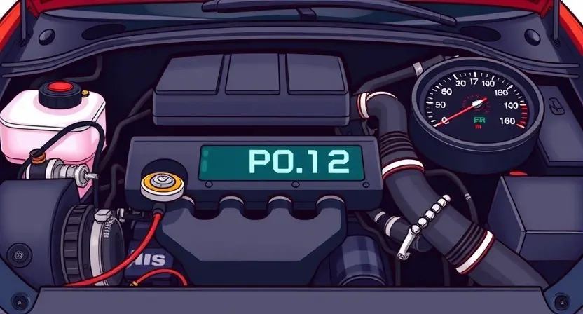 A detailed illustration of a car's engine bay with a check engine light illuminated. Focus on the diagnostic trouble code (P0112) displayed on a dashboard or screen. Include visual cues representing the issue, such as a faulty sensor or hose.