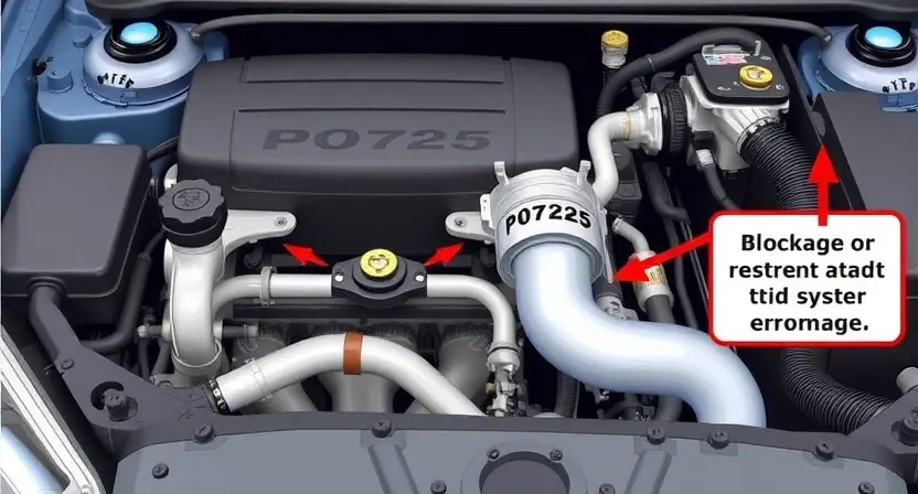 A detailed illustration of a car's engine bay, focusing on the exhaust manifold and related components. The image should clearly depict the P0725 error code's relevance to exhaust system functionality. Include visual cues representing a potential blockage or restriction in the exhaust pipe.