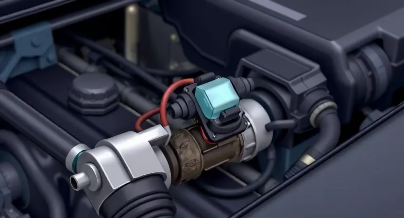 A detailed illustration of a car's engine compartment, focusing on the solenoid valve for pressure control (G). The solenoid should be clearly visible, with wires and connections highlighted. Show potential signs of malfunction, such as a slightly corroded connector or a loose wire. The background should be slightly blurred to emphasize the solenoid.