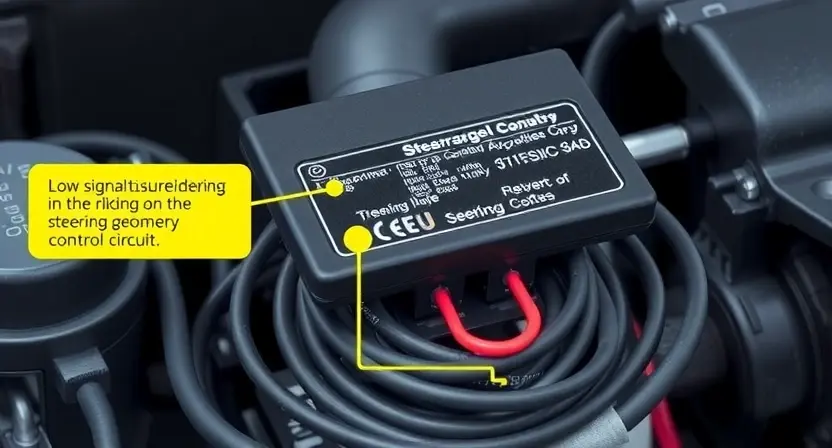A close-up illustration of a car's engine control unit (ECU) with highlighted wiring and sensors related to the steering system. The image should visually represent a low signal issue in the steering geometry control circuit. Focus on the electrical connections and components involved in steering angle sensing and control.