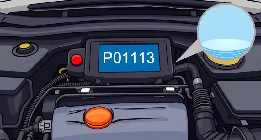 A detailed illustration of a car's engine bay with a check engine light illuminated. Focus on the diagnostic trouble code (P0113) displayed on a dashboard or screen. Include visual cues representing the issue, such as a partially filled coolant reservoir or a sensor connected to the engine.