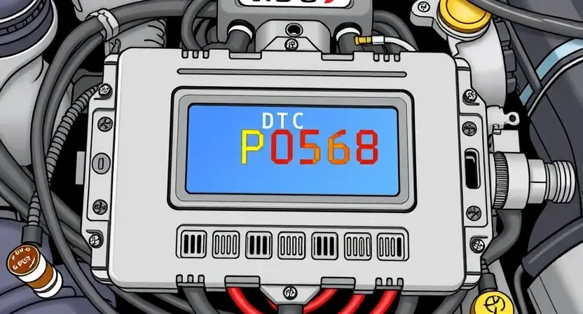 A detailed illustration of an automotive engine control unit (ECU) with various sensors and wiring. Focus on the diagnostic trouble code (DTC) P0568 highlighted on a display within the ECU. The background should be a clean, technical environment.