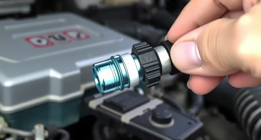 A close-up, detailed illustration of an engine coolant temperature sensor being inspected. The sensor should be clearly visible, with wiring connected to it. The background should show a portion of an engine bay, focusing on the area around the sensor. The overall lighting should be bright and focused on the sensor itself, highlighting its components.