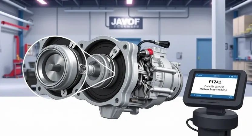 A detailed technical illustration of a high-pressure fuel pump (ТНВД) from an EcoBoost engine, showing internal components such as the plunger, camshaft, fuel inlet and outlet valves, and pressure regulator, with a magnified view highlighting a fuel leak or worn seal near the plunger shaft, diagnostic scanner displaying error code P12A1 on a screen nearby, clean industrial workshop background with soft directional lighting, no text or labels on the image