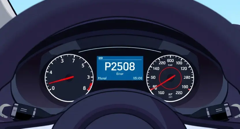 A detailed illustration of a car's dashboard with a prominent error message 'P2508' displayed on the instrument cluster. The dashboard should be clean and modern, focusing on the error indicator. The car's interior should be subtly visible but not distracting. Focus on conveying the technical aspect of the error message within the vehicle's environment.