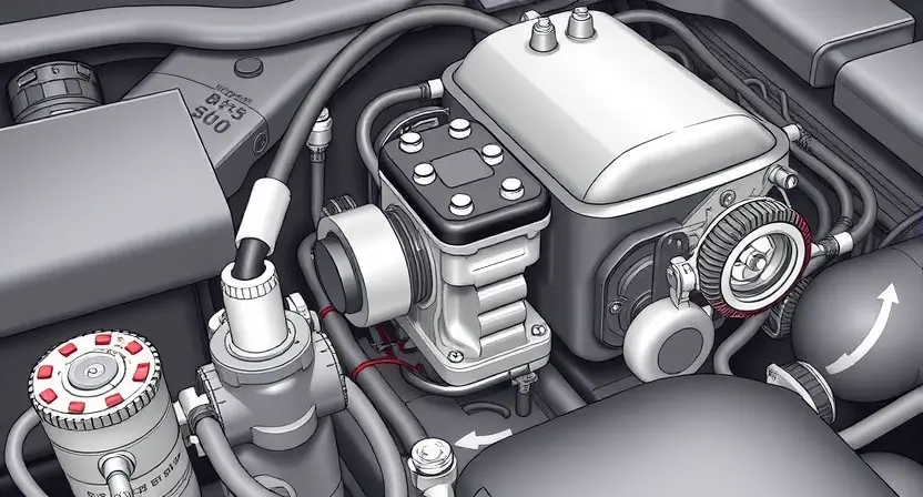A detailed illustration of a car's engine bay, specifically highlighting the crankshaft position sensor and its wiring. The sensor should be clearly visible, along with the surrounding components and connectors. Focus on technical accuracy and clarity.