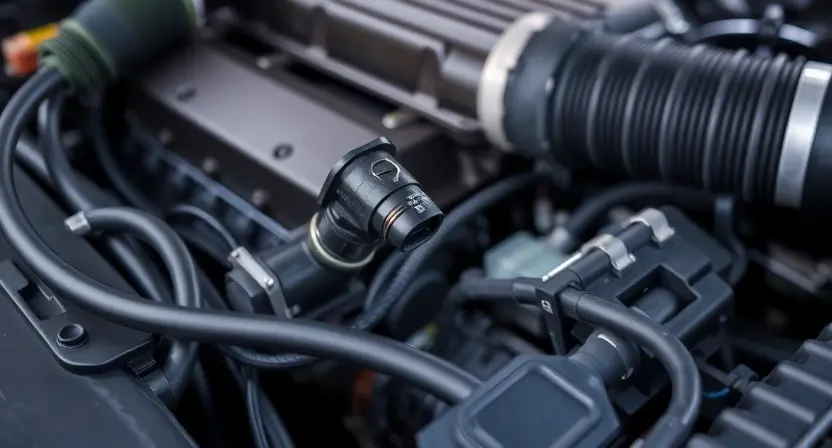 A close-up, detailed illustration of a car engine bay with a focus on the intake air temperature (IAT) sensor. The sensor should be clearly visible, along with associated wiring and hoses. The engine should appear clean and well-maintained. The background should be slightly blurred to emphasize the sensor.
