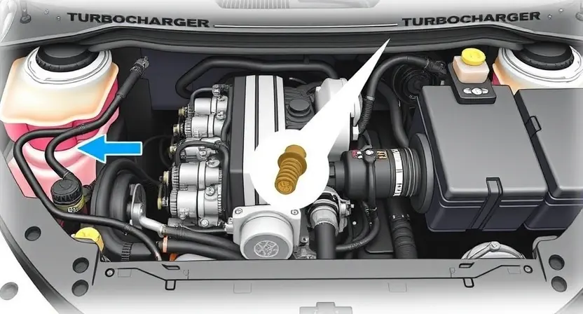 A detailed illustration of a car engine bay, focusing on the turbocharger and its associated sensor. The sensor should be clearly visible, connected to a wiring harness, and near the turbocharger's control unit. Include visual cues indicating a potential fault, such as a slightly discolored or damaged sensor.