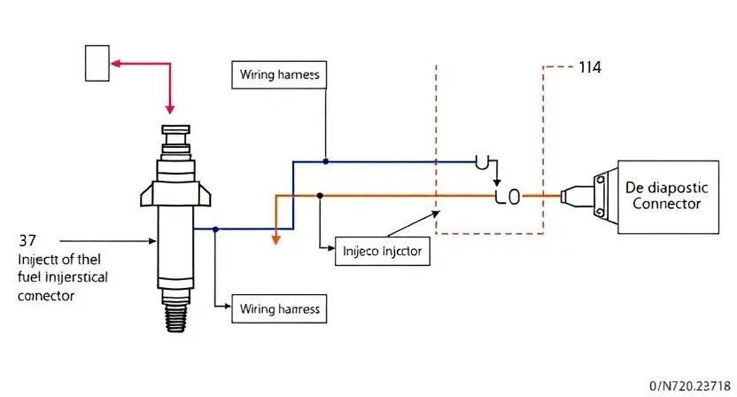 A detailed diagram illustrating the electrical circuit of an engine fuel injector, showing the injector, wiring harness, ground connection, and diagnostic connector. The diagram should be clean and easy to understand, with clear labels for each component. Focus on the injector and its connection to the engine's electrical system.
