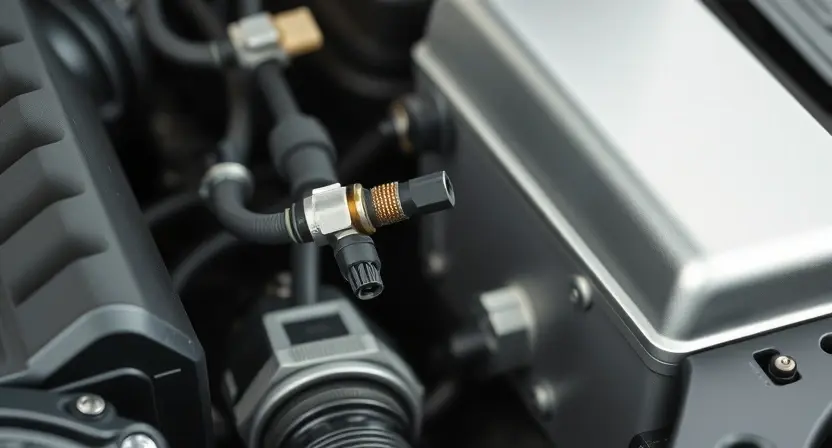 A close-up, detailed image of a car's engine bay, specifically focusing on the oxygen sensor and its wiring. The sensor should be clearly visible, along with the surrounding engine components. The lighting should be bright and even, highlighting the details of the sensor and wiring.