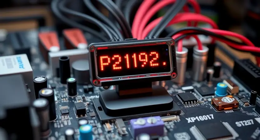 A close-up, detailed illustration of a computer motherboard with a highlighted P2192 error code displayed on a small screen connected to it. Focus on the electronic components and circuitry. The background should be blurred, suggesting a technical environment.