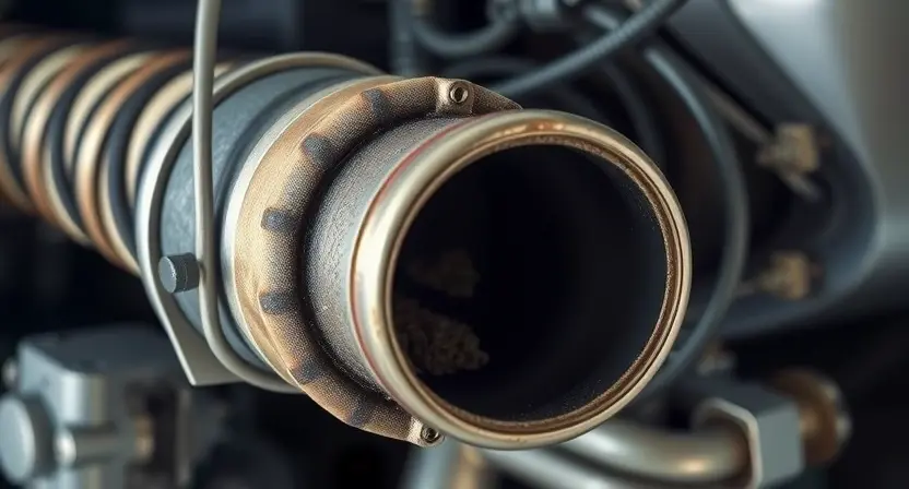 A close-up, detailed illustration of a diesel engine's exhaust system, specifically focusing on the DPF (Diesel Particulate Filter). The DPF should appear slightly clogged with soot, indicating a regeneration issue. Show the filter's internal structure with visible layers and potentially some accumulated particulate matter. The surrounding engine components should be subtly visible but not the primary focus. The lighting should be realistic, highlighting the texture of the filter and the metalli