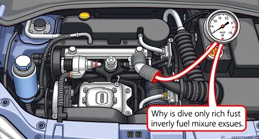 A detailed illustration of a car's engine bay, specifically focusing on the fuel system. Show a fuel injector, fuel rail, and fuel pressure gauge. Highlight a potential issue with an overly rich fuel mixture, perhaps with a slightly discolored fuel line or a visual representation of excess fuel.