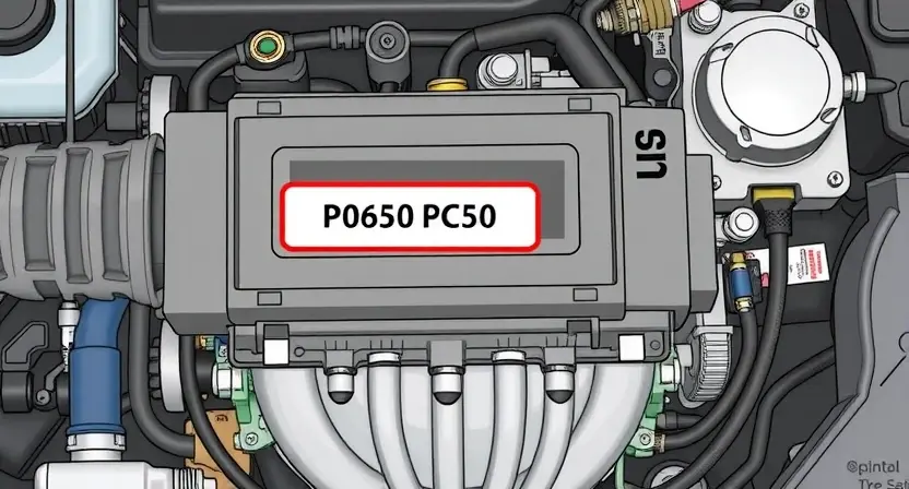 A detailed illustration of an automotive engine control unit (ECU) with various sensors and wiring, highlighting the P0650 error code indicator. The image should be clean and informative, suitable for a technical guide.