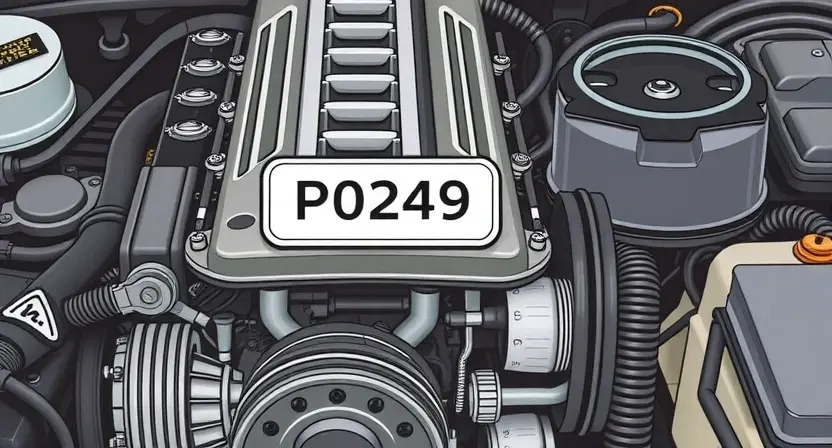 A detailed illustration of a car engine with a highlighted P0249 error code displayed on a dashboard. The engine should be realistically rendered, showing various components like pistons, valves, and belts. The dashboard should clearly show the error code with accompanying warning lights.