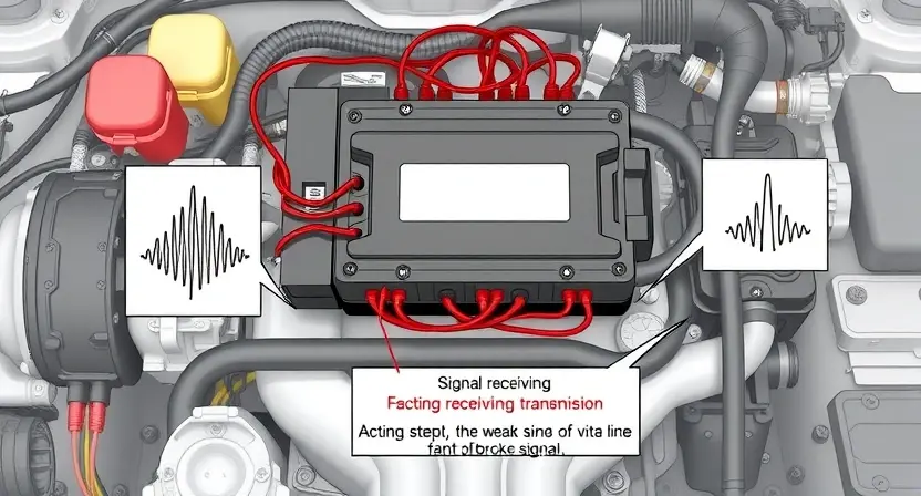 A detailed illustration of an automotive engine control unit (ECU) with wiring diagrams highlighting the signal path. Focus on the area related to the signal receiving and transmission. Include visual cues indicating a weak signal, such as a faint or broken line. The background should be a clean, technical environment.