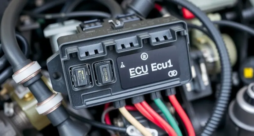 A close-up, detailed illustration of an engine control unit (ECU) with various electrical connectors and wiring harnesses. Focus on the connections and wiring, highlighting the complexity of the system. The background should be blurred to emphasize the ECU.