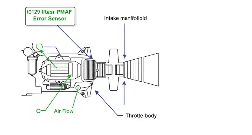 A detailed diagram illustrating a car's intake system, highlighting the P0129 error code and its relation to the mass airflow sensor (MAF). Show the MAF sensor, intake manifold, throttle body, and relevant engine components. Use clear arrows to indicate airflow and sensor readings. The diagram should be clean and easy to understand, focusing on the system's components and the error's impact.
