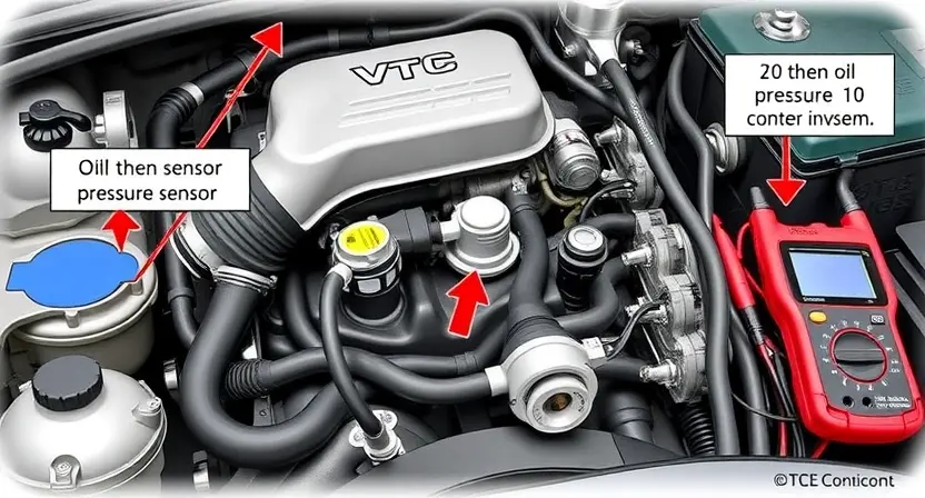 A detailed illustration of an engine bay with a focus on the oil pressure sensor and VTEC system components. The sensor should be clearly visible, connected to various hoses and wires. Include diagnostic tools like a scan tool and a multimeter. The background should be slightly blurred to emphasize the engine components.