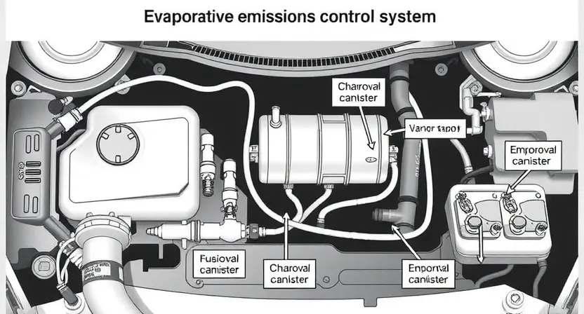 A detailed diagram illustrating a car's emissions control system, specifically highlighting the P2177 error code related to the evaporative emissions control system. The diagram should show the fuel tank, charcoal canister, vapor valve, and associated hoses and sensors. Use clear labels and arrows to indicate the flow of fuel vapors. The overall aesthetic should be clean and informative, suitable for a technical manual.