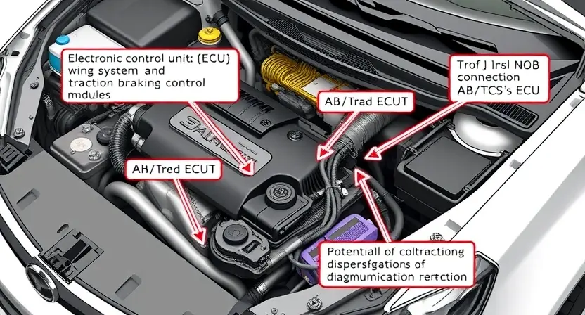 A detailed illustration of a car's engine bay, focusing on the electronic control unit (ECU) and the anti-lock braking system (ABS) and traction control system (TCS) components. Show wiring harnesses connecting the ECU to the ABS/TCS modules. Highlight the potential points of communication disruption. The image should convey a sense of technical complexity and diagnostic investigation.