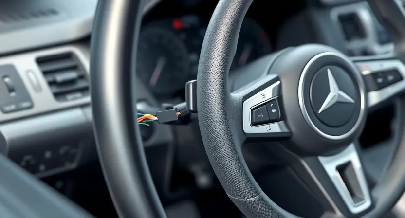 A detailed illustration of a car's steering system, highlighting the torque sensor and its connection to the steering wheel and other components. Focus on the sensor's physical appearance and its placement within the system. Show a clean, well-lit view of the internal mechanisms of the sensor, emphasizing its electrical connections. The background should be a slightly blurred representation of the car's interior.