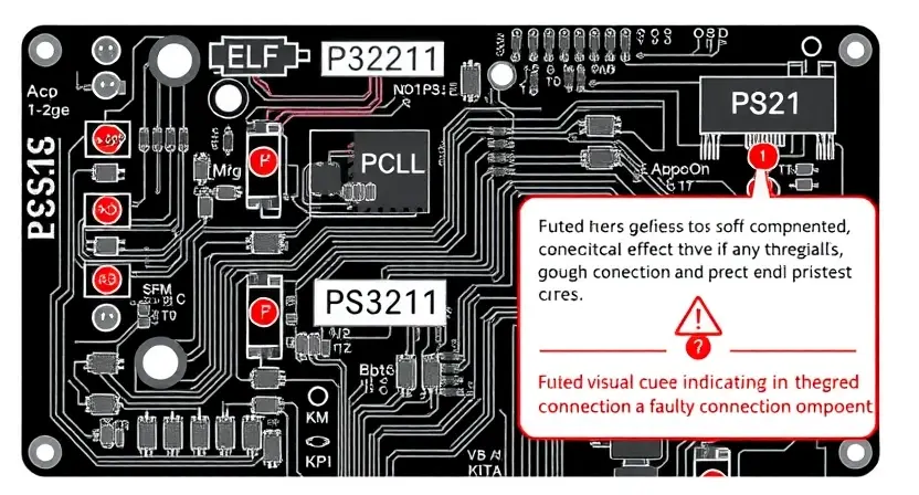 A detailed schematic diagram illustrating a P3211 error code in a circuit board. The diagram should show the affected components (e.g., capacitors, resistors, integrated circuits) and potential causes of the error. Include visual cues indicating a faulty connection or component.