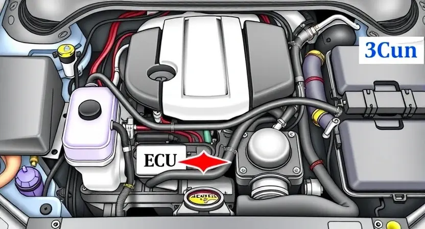 A detailed illustration of a car engine bay, specifically highlighting the oil pressure sensor and related wiring. The engine should be clean and well-lit, showcasing the components clearly. Focus on the area around the oil pressure sensor, indicating its location and connection to the engine control unit (ECU).