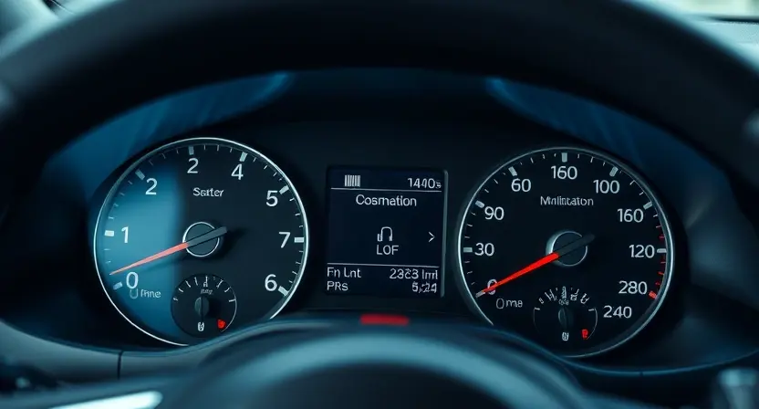 A close-up shot of a car's dashboard with a focused view on the instrument cluster. The instrument cluster should display a clear error message indicating a communication loss with the information display. The overall lighting should be realistic, mimicking the interior of a car. Focus on the details of the dashboard and the error message display.