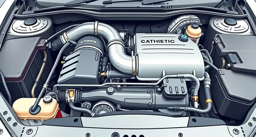A detailed illustration of a car's engine compartment, focusing on the catalytic converter area. The image should depict a visual representation of a lean air-fuel mixture, perhaps using subtle color gradients or visual effects to suggest the lack of fuel. Show the exhaust system leading from the engine to the catalytic converter. The overall scene should be clean and well-lit, emphasizing the mechanical components.