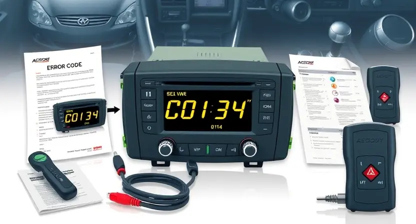 A high-quality technical illustration showing a car engine control unit with a warning light indicating error code C0134, surrounded by diagnostic tools and error code documentation, clean technical background, professional lighting, no text or numbers on the image
