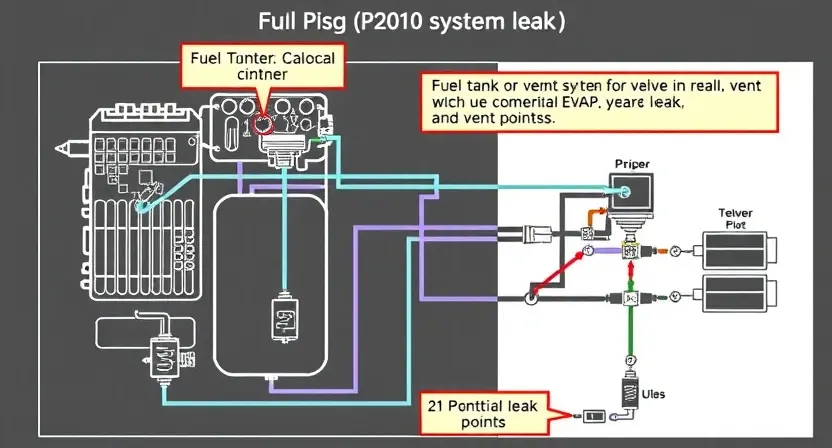 A detailed schematic diagram of an automotive engine control unit (ECU) with highlighted wiring and components related to the P2010 error code (EVAP system leak). The diagram should clearly show the fuel tank, charcoal canister, vent valve, and associated hoses. Focus on the connections and potential leak points.