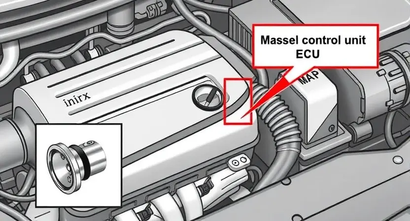 A detailed illustration of a car's engine bay, highlighting the Mass Airflow Sensor (MAP sensor) and its connection to the engine control unit (ECU). Include arrows indicating the airflow path and the sensor's position relative to other engine components. Focus on a clean, technical representation of the sensor and its surroundings.
