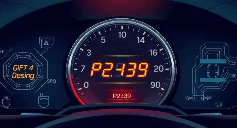 A high-quality technical illustration showing a modern car engine control unit with a glowing dashboard warning light indicating an error code P2339, surrounded by subtle symbols of automotive diagnostics like circuit boards and error messages, clean background, professional lighting