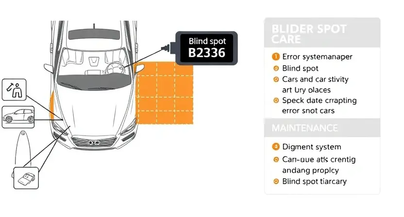 A high-quality technical illustration showing a modern car with highlighted blind spot zones, a diagnostic scanner displaying error code B2306, and a checklist of maintenance steps for blind spot system care, clean lines, technical accuracy, no text or numbers on image