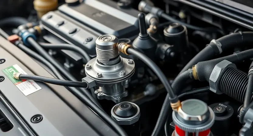 A detailed, high-resolution image of a car's engine bay, focusing on the solenoid valve control circuit for pressure. The image should clearly show the solenoid valve ('D' in the article), wiring, and any associated components. The lighting should be realistic, highlighting the details of the components.