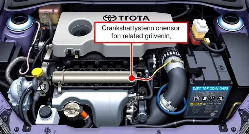 A detailed illustration of a Toyota engine bay, focusing on the ignition system components. Highlight the crankshaft position sensor and related wiring. The engine should be clean and well-lit, showcasing the mechanical parts.
